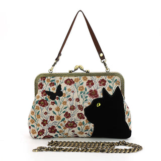Black Kitty Embroidered Kisslock Bag
