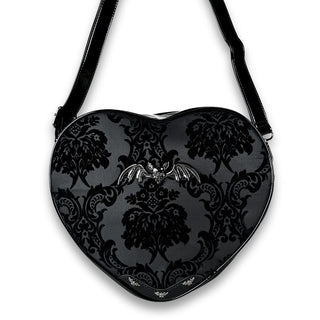 Black Damask Bat Heart Crossbody Bag with 55in adjustable crossbody strap