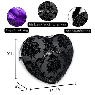 Black Damask Bat Heart Crossbody Bag with measurements from Wicked Misfit