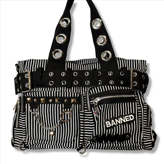 Convertible Belt Shoulder Bags with Grommets White Pinstripe with Banned Patch