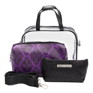 Purple Damask Portable Travel Make-Up Bag with Crossbody Clear Bag and pouch