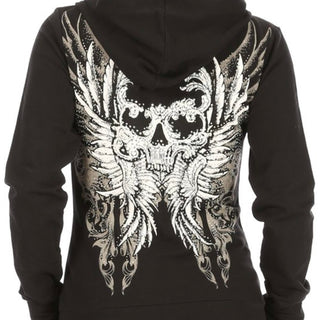 Skull Wing Rhinestone Zip Up Hoodie