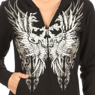 Skull Wing Rhinestone Zip Up Hoodie