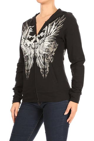 Skull Wing Rhinestone Zip Up Hoodie