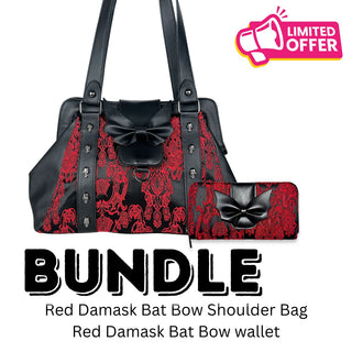 Red Damask Bat Bow Shoulder Bag & Red Bat Bow Wallet Bundle