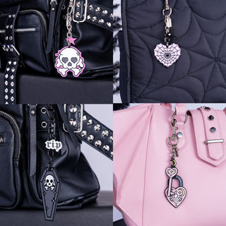 Collage of handbags with wicked misfit bag charms. 