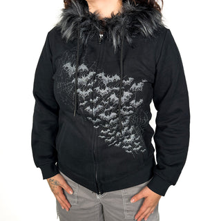 Midnight Bats Fuzzy Fur Rhinestone Zip up Hoodie Wicked Misfit