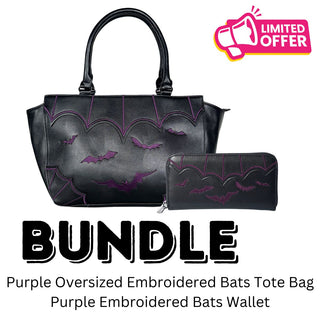 Purple Embroidery Oversized Spiderweb & Bats Tote & Wallet Bundle