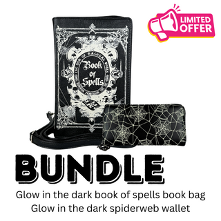 Glow in the dark Book of Spells bag and spiderweb wallet bundle