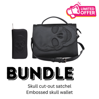 Skull cut-out satchel and Embossed skull wallet bundle