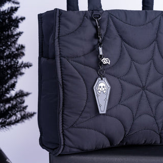 RIP Coffin charm on large spiderweb bag by wicked misfit