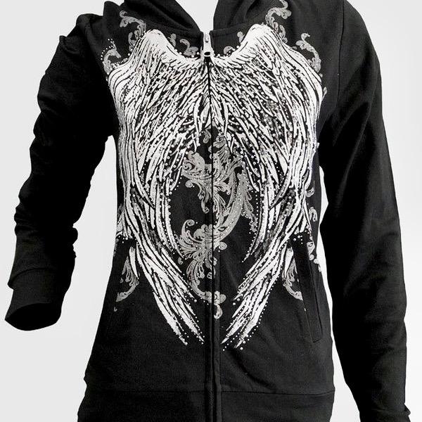 Angel Wings Rhinestone Zip Up Hoodie - Main Image