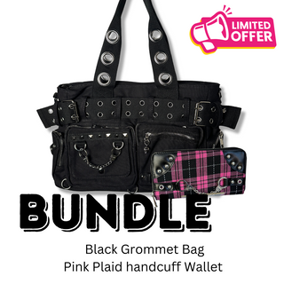 Black Convertible Belt Bag & Pink Plaid Handcuff Wallet Bundle